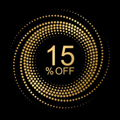 Sale up to 15% off. Golden design in halftone style for 15 percent discount, offer, promotion.