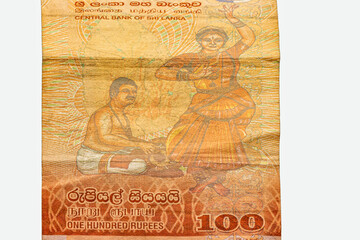 100 Sri Lankan rupee bank note closeup with copy space isolated