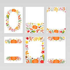 Harvest backgrounds. Set of autumn backgrounds with vegetables, berries, autumn leaves and plants. Can be used for autumn holiday invitations, greeting cards, banners or as memo pads.