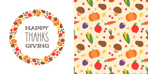 Harvest backgrounds. Wreath and pattern made of vegetables, berries, autumn leaves and plants. Can be used for autumn holiday invitations, greeting cards, banners. Vector illustration 8 EPS.