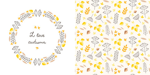 Autumn backgrounds. Wreath and pattern made of autumn leaves and plants. Can be used for autumn holiday invitations, greeting cards, banners. Vector illustration 8 EPS.