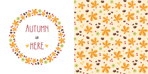 Fototapeta na wymiar Autumn backgrounds. Wreath and pattern made of chestnuts, autumn leaves and plants. Can be used for autumn holiday invitations, greeting cards, banners. Vector illustration 8 EPS.