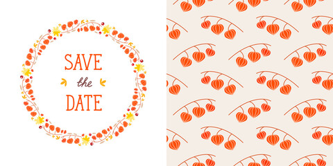 Autumn backgrounds. Wreath and pattern made of winter cherries, autumn leaves and plants. Can be used for autumn holiday invitations, greeting cards, banners. Vector illustration 8 EPS.