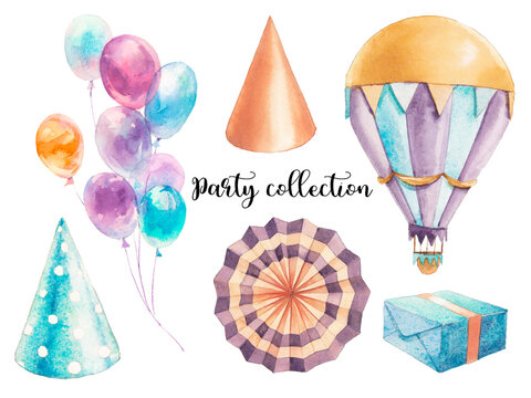 Watercolor illustration set of party items. Hand painted objects isolated on white background. Air balloons, present box, cone hat, paper decor