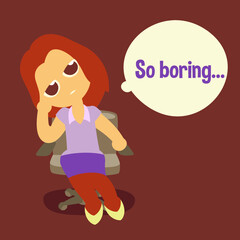 Boring business woman, sitting on office chair and thinking about.  None outline cartoon character, simplicity flat style, vector illustration.