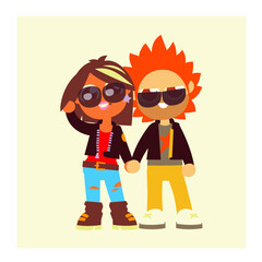 Young modern girl and boy holding a hands, cartoon flat style character, vector illustration.