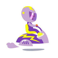 Space man with helmet and spaceship, flying motorcycle, cartoon flat style character,  isolated vector illustration. Design for stickers, logo, web and mobile app.