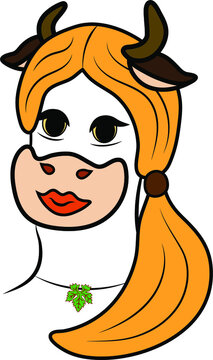 humanized portrait of a blonde cow, drawn in vector, on a white background isolated. A series of 11 images of cows in different hairstyles. 