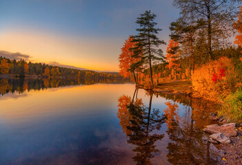 Obraz premium Autumn forest reflection in lake