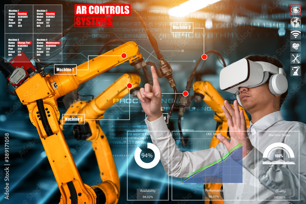 Poster engineer controls robotic arms by augmented reality industry technology application software. smart 