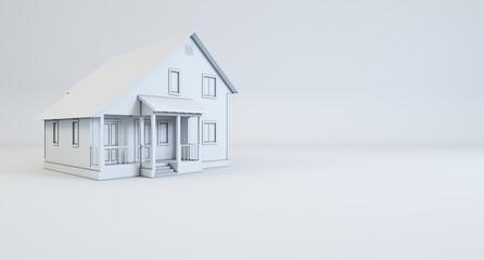 Isolated white wooden house. 3d render. House without texture