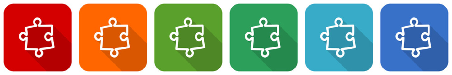 Puzzle icon set, flat design vector illustration in 6 colors options for webdesign and mobile applications