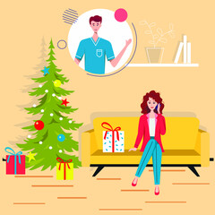 Friends celebrate Christmas and New Year online using mobile phones. Remote New Years celebration concept. Party online, video call. Vector illustration.