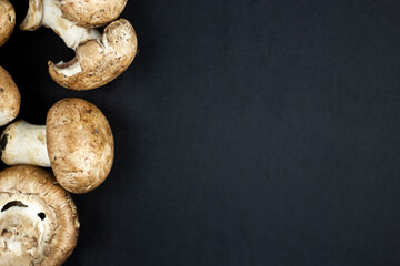 Top shot of fresh raw mushrooms on black background. The right side is blank for various designs.