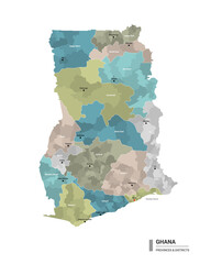 Ghana higt detailed map with subdivisions. Administrative map of Ghana with districts and cities name, colored by states and administrative districts. Vector illustration with editable and labelled la