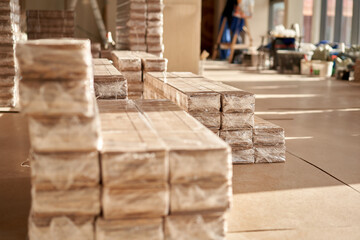 Panels of the parquet floor. Plywood boards on the industry. Preparation for the flooring of the parquet floor. Restoration of the floor in a restaurant or apartment.