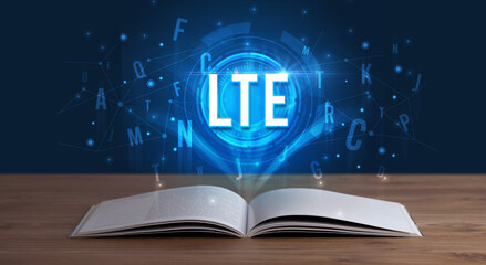 LTE inscription coming out from an open book, digital technology concept