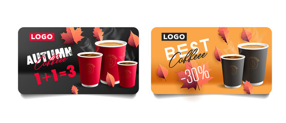 Set of promo discount cards with autumn leaves illustrations and coffe paper cups, offer of discount or 1 plus one equals 3, voucher template