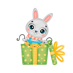 Illustration of cute cartoon christmas bunny wearing scarf with garland lights in a green gift box isolated on white background