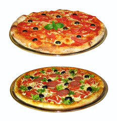 There are two plates of pizza. White background. Isolated.