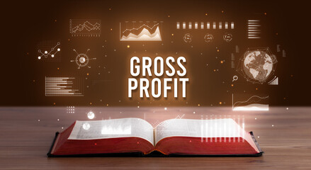 GROSS PROFIT inscription coming out from an open book, creative business concept