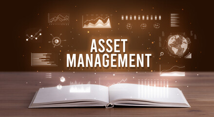 ASSET MANAGEMENT inscription coming out from an open book, creative business concept