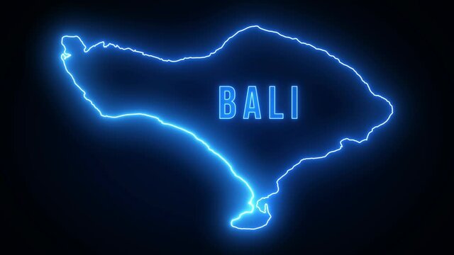 Blue Bright Light Mainland Bali Island Map And Lettering Neon Sign With Optical Lens Flare Animation, Last 5 Seconnds Seamless Loop