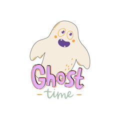 Cute Halloween print with cartoon elements and lettering. Hand drawn vector illustration.