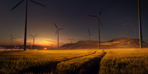 Beautiful sunset field with wind mill generators. big city in background