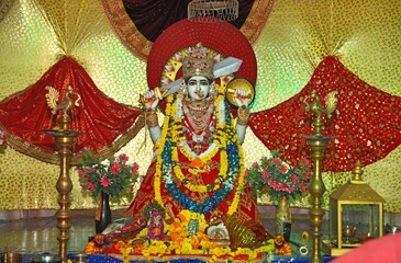 White stone sculpture of Hindu Goddess Ashapura Mata at a temple in Beawar. Ashapura is Clan Deity of King Prithviraj Chauhan. She is Goddess who fulfills wish & desires of all those who trust her. 