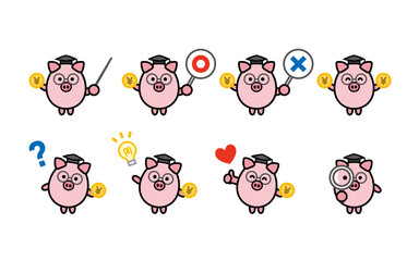 日本円を持ったメガネの貯金ブタ博士　キャラクター　貯蓄について教える　（線あり）