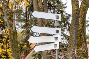 A pole with blank white signboards against a background of autumn trees. Crossroads concept