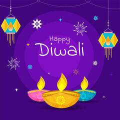 Happy Diwali Celebration Concept With Illuminated Oil Lamps (Diya) And Hanging Kandeel On Purple Background.