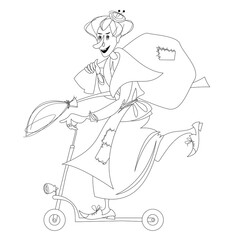 Buona Befana (happy Epiphany). Old woman on a kick scooter with a bag of gifts and a broomstick. Coloring page.