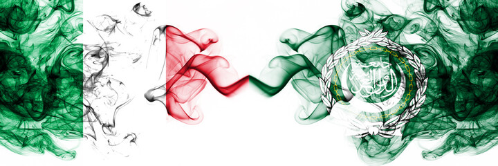 Italy vs Arab League smoky mystic flags placed side by side. Thick colored silky abstract smoke flags