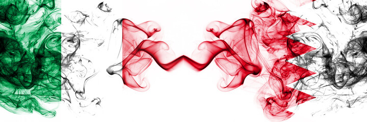 Italy vs Bahrain, Bahrani smoky mystic flags placed side by side. Thick colored silky abstract smoke flags