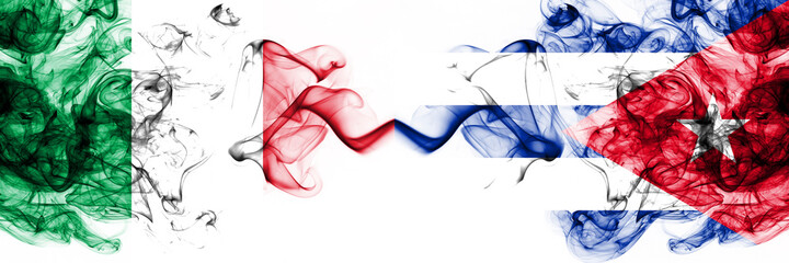 Italy vs Cuba, Cuban smoky mystic flags placed side by side. Thick colored silky abstract smoke...