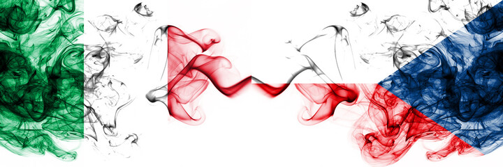 Italy vs Czech Republic smoky mystic flags placed side by side. Thick colored silky abstract smoke...
