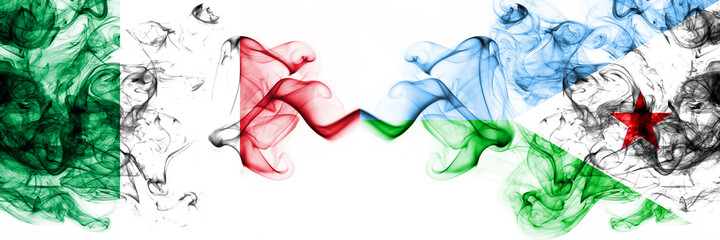 Italy vs Djibouti smoky mystic flags placed side by side. Thick colored silky abstract smoke flags
