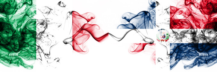 Italy vs Dominican Republic smoky mystic flags placed side by side. Thick colored silky abstract smoke flags