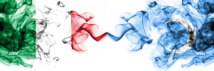 Italy vs East Turkestan, Uyghurs, Uyghur smoky mystic flags placed side by side. Thick colored silky abstract smoke flags