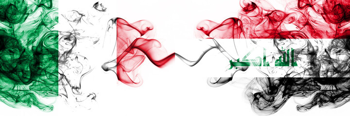 Italy vs Iraq, Iraqi smoky mystic flags placed side by side. Thick colored silky abstract smoke flags