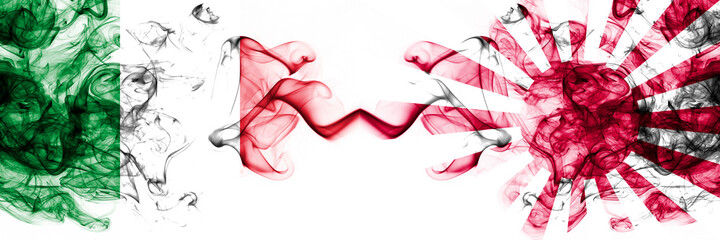 Italy vs Japan, Japanese, sun smoky mystic flags placed side by side. Thick colored silky abstract...