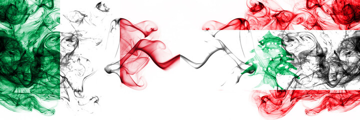 Italy vs Lebanon, Lebanese smoky mystic flags placed side by side. Thick colored silky abstract smoke flags