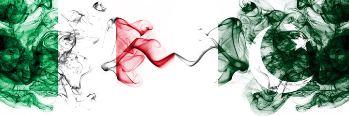 Italy vs Pakistan, Pakistani smoky mystic flags placed side by side. Thick colored silky abstract smoke flags