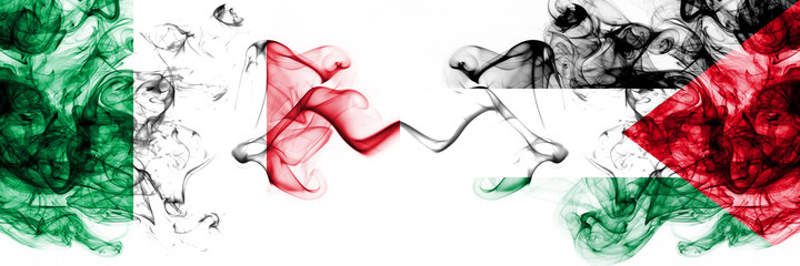 Italy vs Palestine, Palestinian smoky mystic flags placed side by side. Thick colored silky abstract smoke flags