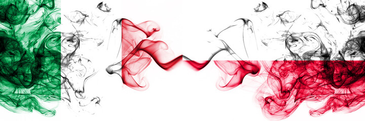 Italy vs Poland, Polish smoky mystic flags placed side by side. Thick colored silky abstract smoke flags