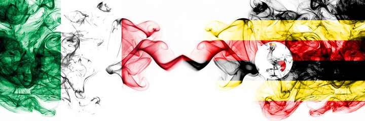 Italy vs Uganda, Ugandan smoky mystic flags placed side by side. Thick colored silky abstract smoke flags