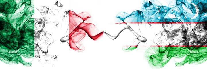 Italy vs Uzbekistan, Uzbek smoky mystic flags placed side by side. Thick colored silky abstract smoke flags