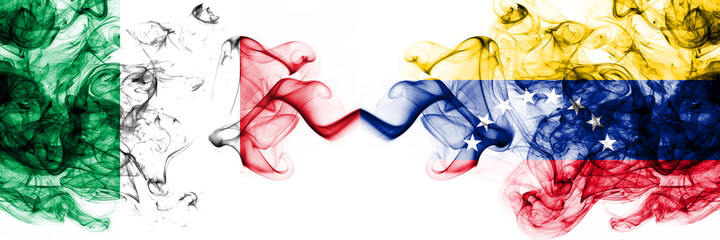 Italy vs Venezuela, Venezuelan smoky mystic flags placed side by side. Thick colored silky abstract smoke flags